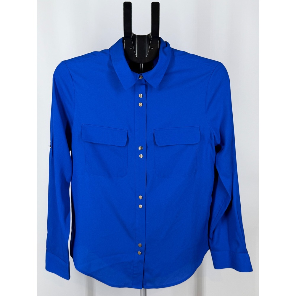 Ivanka‎ Trump Royal Blue Gold Button Roll Tab Sleeve Blouse Medium